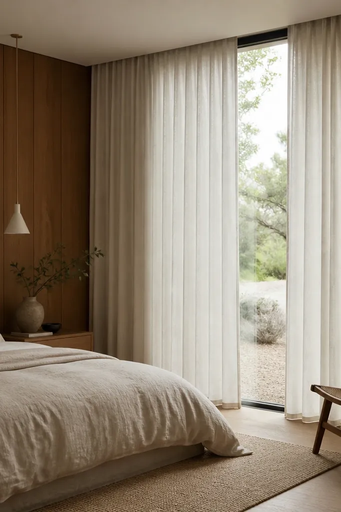 Wood panel walls with a tall window. Floor-to-ceiling curtains in off-white linen hang from a ceiling-mounted track. The folds run straight down, and a simple black rod is hidden behind the fabric. A small rug in natural jute sits under the bed.