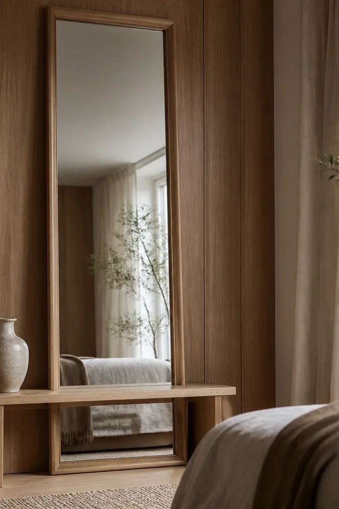 A tall bedroom mirror with a warm oak frame stands against wood panel walls. The mirror is nearly full height, and a narrow console table in light oak sits below with a single ceramic vase.