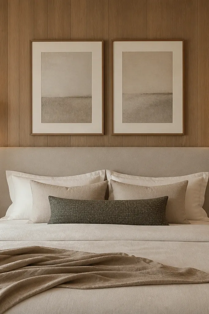 Two matching wall sconces mounted on wood panel walls on either side of the bed. Each has a small fabric drum shade in cream, with warm bulbs glowing. Matching frames and a simple headboard sit behind.