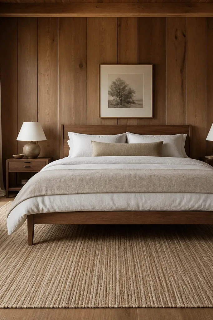 A bedroom with wood panel walls. A large woven rug in natural jute and cream covers most of the floor area under the bed. The rug has subtle linear texture, and the bed sits centered with a simple wooden frame.