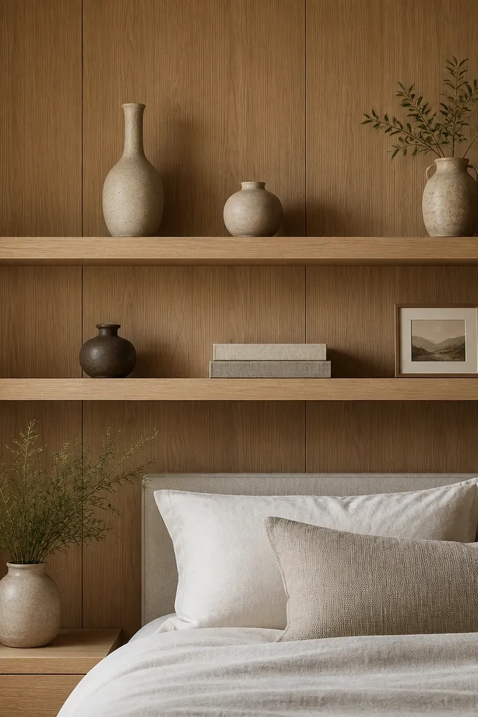 Wood panel bedroom wall with two floating shelves. The shelves hold a few ceramic vases, one stack of linen-covered books, and a small framed photo. Everything is spaced evenly, and the shelf finish matches the wood tone.
