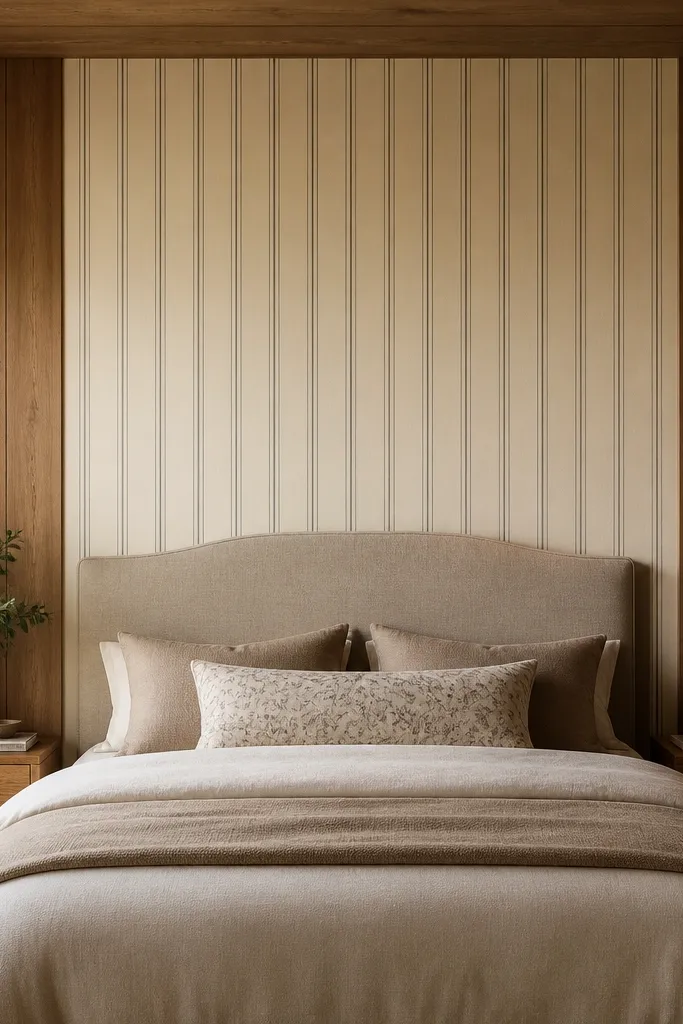 A bedroom wall where the wood panels are still visible, but behind the headboard there's a vertical stripe wallpaper panel in warm cream and thin gray stripes. The bed and headboard sit centered, and the rest of the wall stays wood.