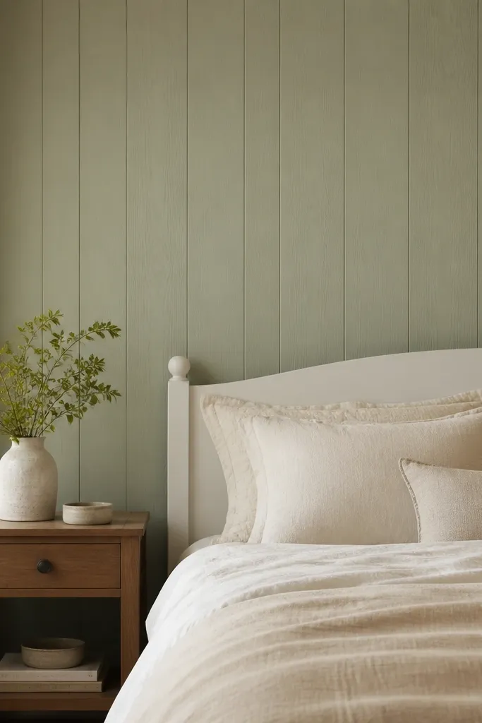 Wood panel walls with a matte paint wash in soft sage. The grain is still visible through the finish, and the wall looks textured but uniform. A white bed frame and cream bedding sit against it.