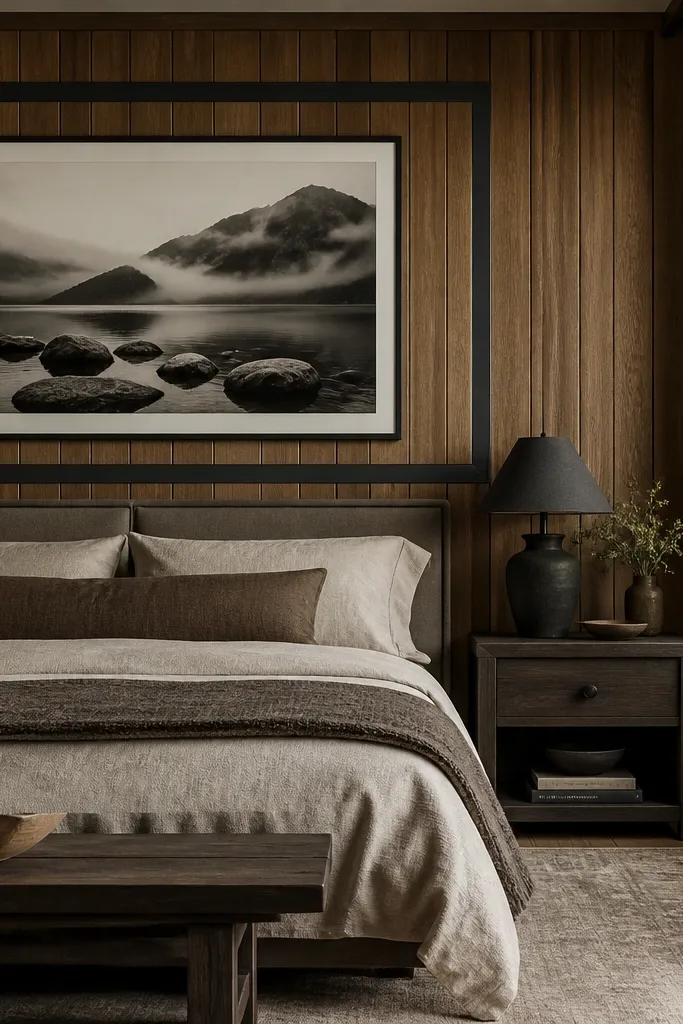A bedroom with wood panel walls. The panels are the same wood, but there are clean, painted rectangular frames in matte charcoal around the bed area. The rectangles align with panel lines, and a large black-and-white print hangs inside the frame.