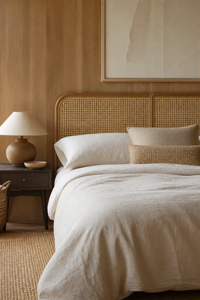 Wood panel walls with a rattan or cane headboard leaning against the bed wall. The headboard has a warm honey tone, and behind it there's a simple neutral wall art piece. A woven basket and a jute rug add more texture.