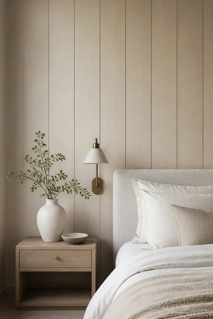A bedroom wall with vertical wood panels that look light and airy; the grooves are still visible but softened, and the finish is flat matte with no shine.
