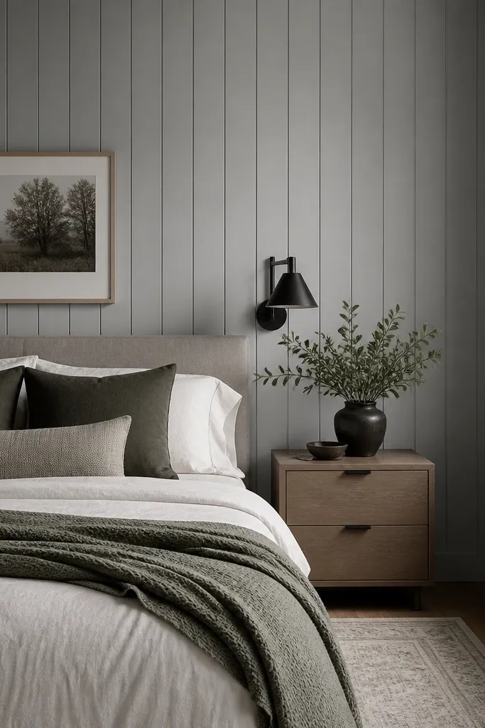 A modern bedroom with vertical wood panel walls tinted a soft cool grey; the surface looks chalky and flat, with crisp shadow lines in the grooves.