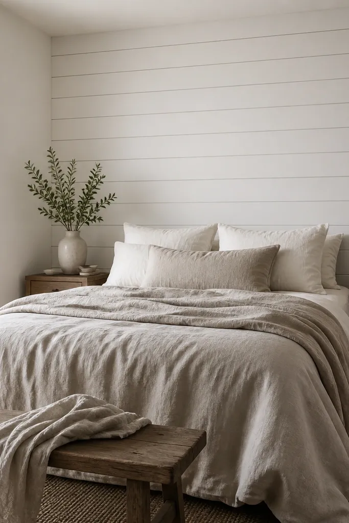 Only the wall behind the bed has wood panels, painted a soft warm white with matte finish; the other walls are plain, and the bed has simple linen bedding.