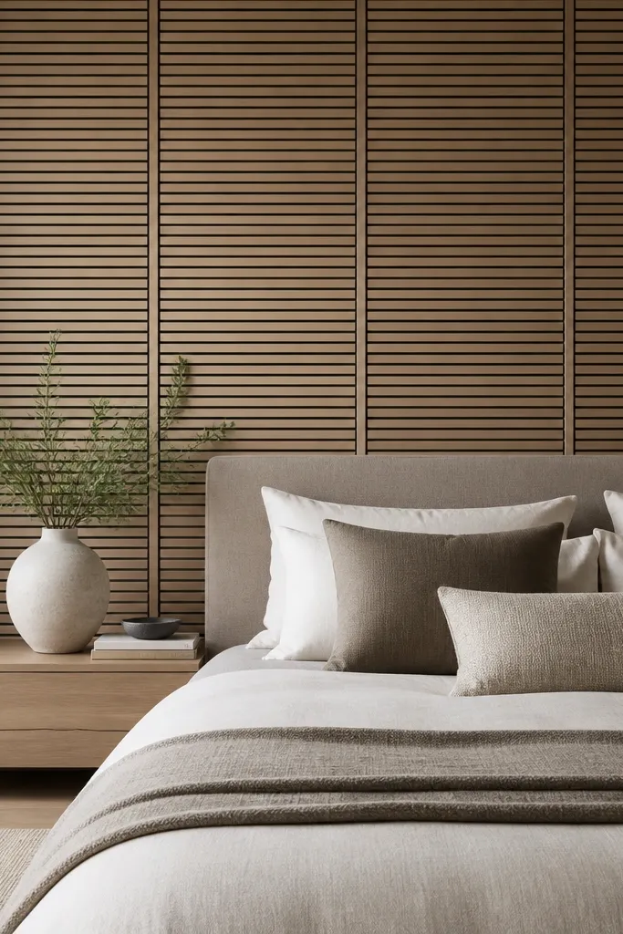 A bedroom wall where existing wide vertical panels are covered with narrow horizontal-to-vertical slats, creating a tighter, modern grid-like pattern.