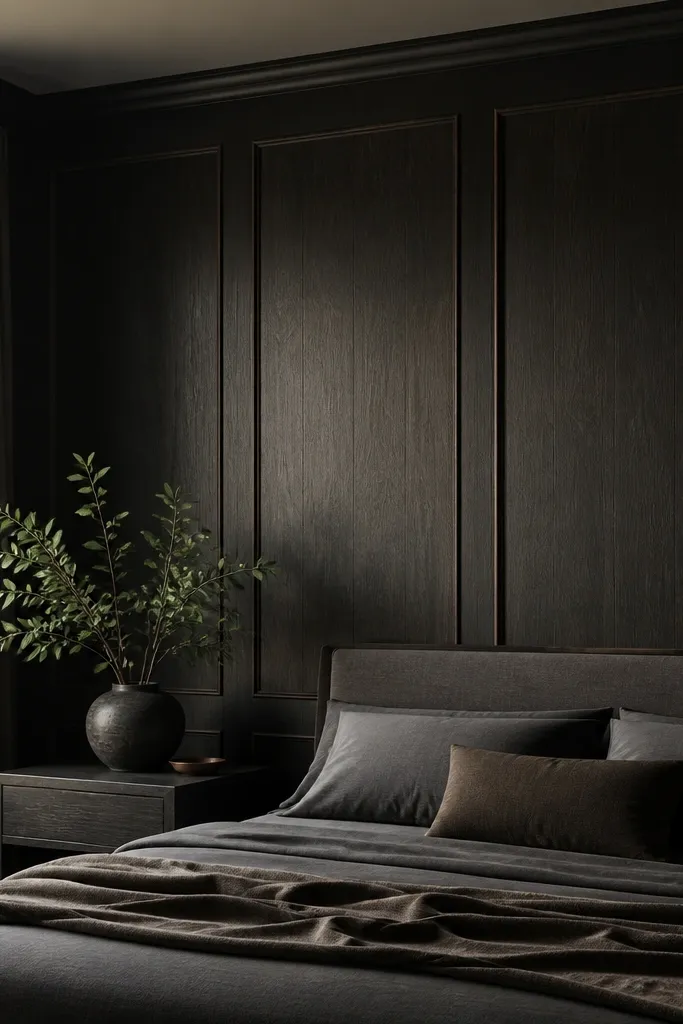 A moody bedroom with dark stained wood panels; the edges of the grooves look slightly lighter, giving a hand-finished, modern depth.