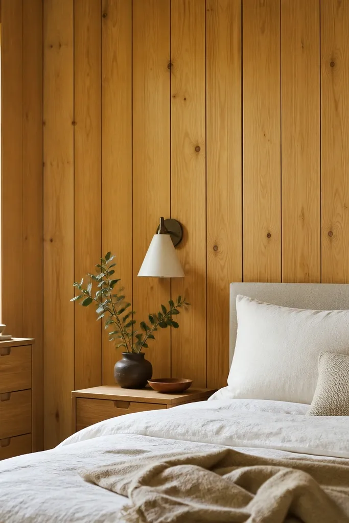 A bright bedroom with warm honey-colored vertical wood panels; the finish is matte and shows natural grain without heavy staining.
