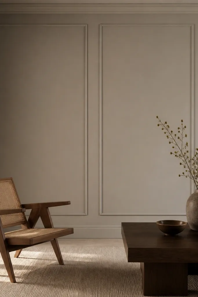 Warm greige painted wood panel walls with matching ceiling trim and baseboards; the whole wall looks uniform and modern.
