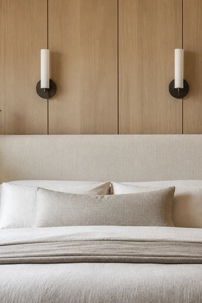 A bedroom headboard upholstered in light linen placed against vertical wood panels; two minimalist wall sconces are centered above it.