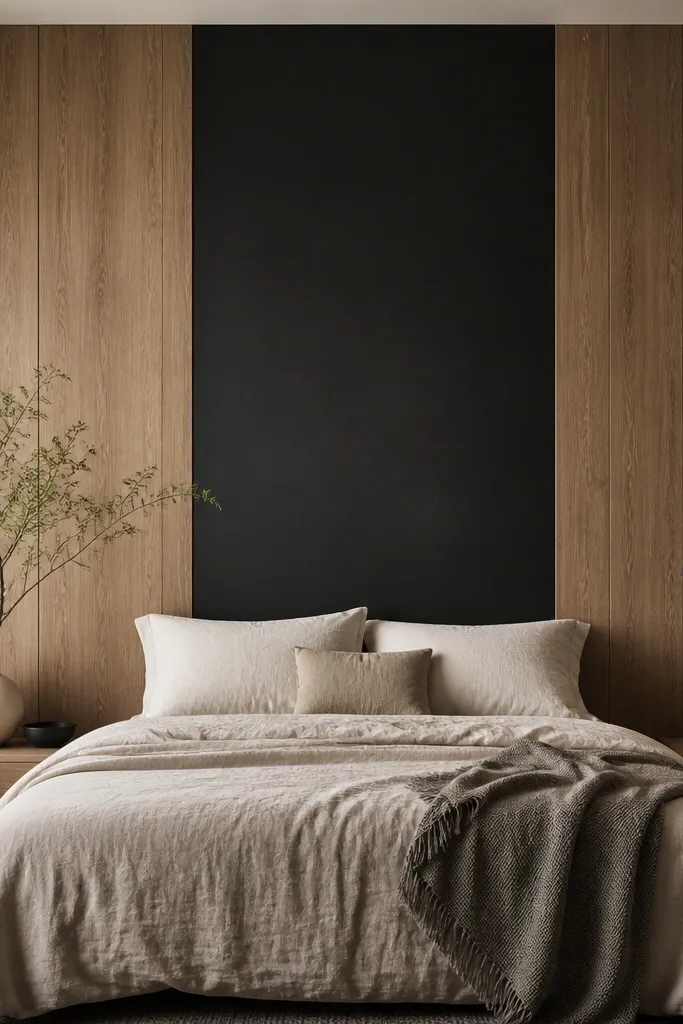 Vertical wood panel wall with a narrow matte black rectangle centered behind the bed, creating a framed focal area.