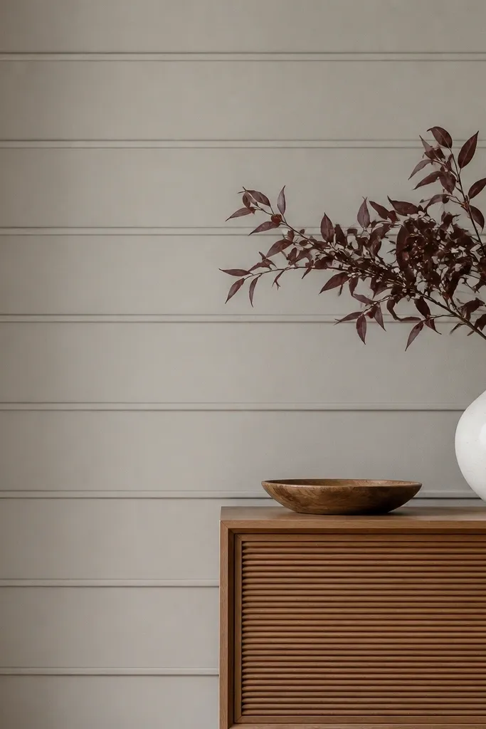 A wall where the original vertical wood panels are painted in a way that reads horizontal via added trim lines and a new paint rhythm.