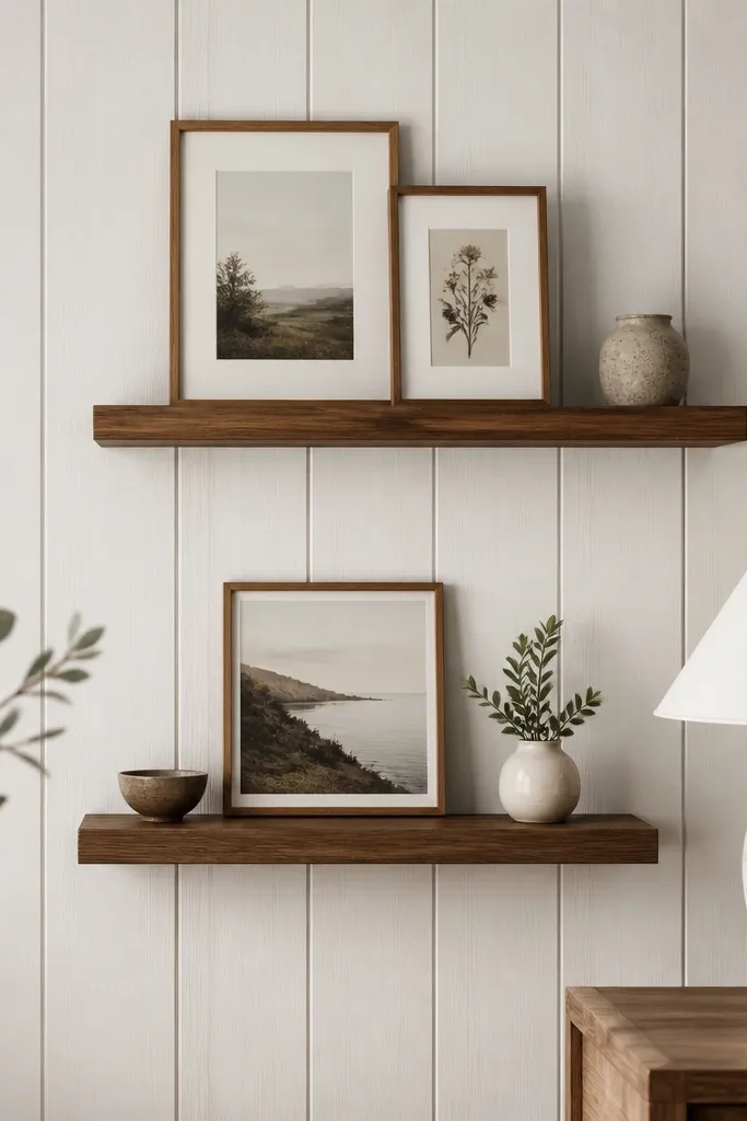 Light whitewashed vertical wood panel wall with two floating shelves in warm walnut; small framed prints and a ceramic lamp sit on them.