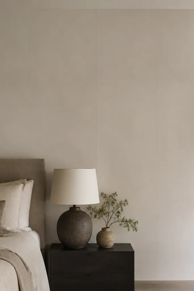 A bedroom wall with wood panels covered so they look like smooth plaster; the surface is uniform and matte, with faint panel seams barely visible.