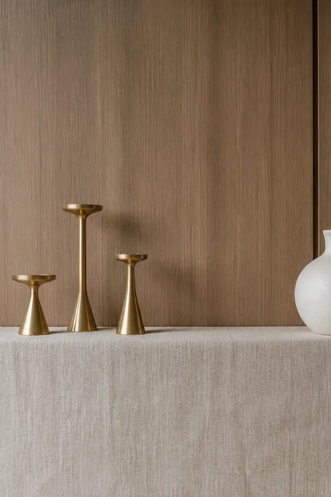 A wood panel wall with a long pale linen runner centered between two vertical seams. Three short brass candle holders sit on top, each with a different height, and a simple off-white ceramic vase rests at one end.