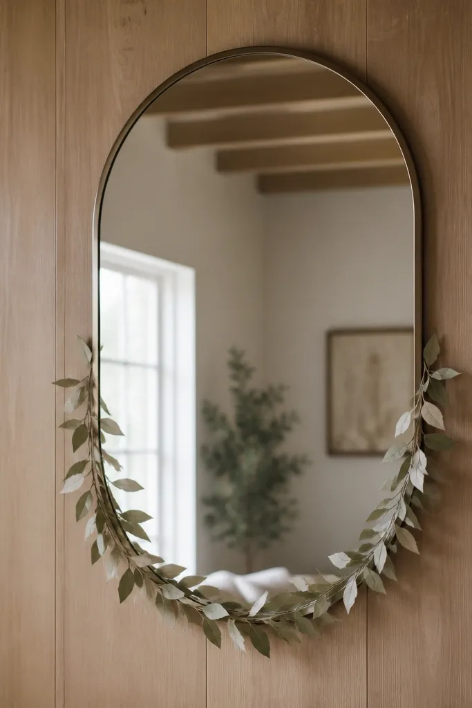 A tall arched mirror mounted on wood panel walls. Around the lower half is a thin paper-leaf garland in muted green and cream, draped loosely so it follows the mirror curve.