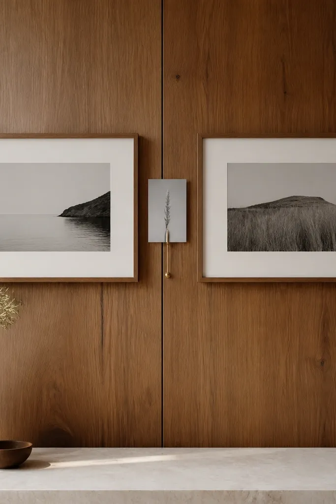 A wood panel wall with two matching horizontal frames. Each frame has a cream mat border and a simple monochrome photo. Between them sits a small removable insert card on a thin clip.