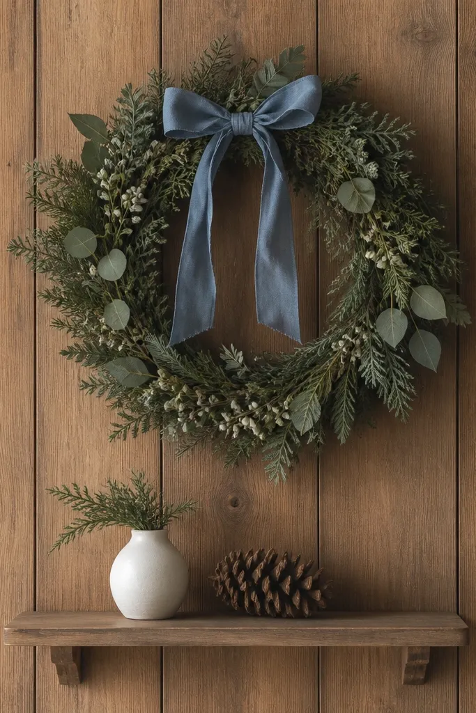 A wreath hangs centered on wood panel walls. A thin linen bow in dusty blue sits at the top. Below it is a small shelf holding a white ceramic bud vase and a single pinecone cluster.
