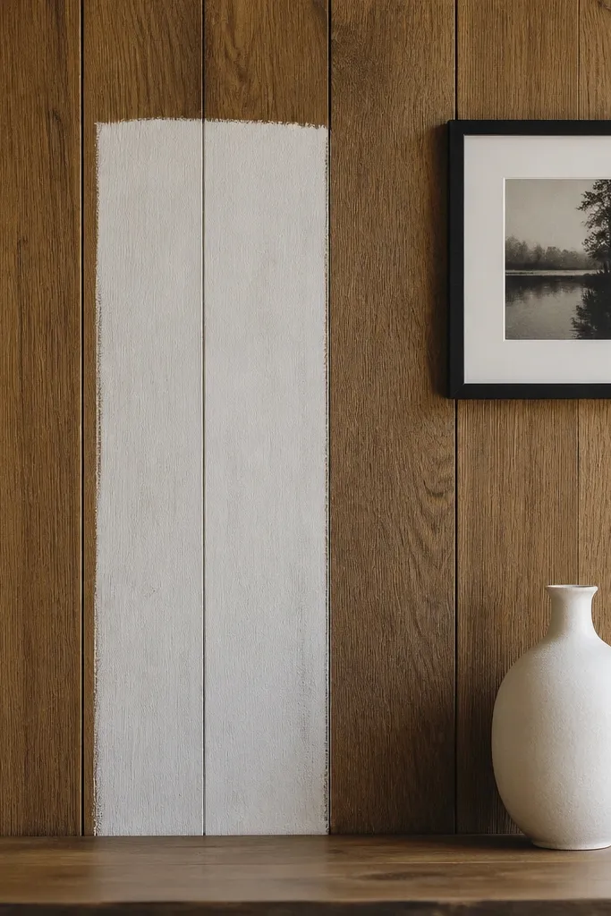 A section of wood panel wall has a chalky white painted rectangle around one vertical panel. The rest stays stained. A small black-framed print and a single white vase sit near the painted area.