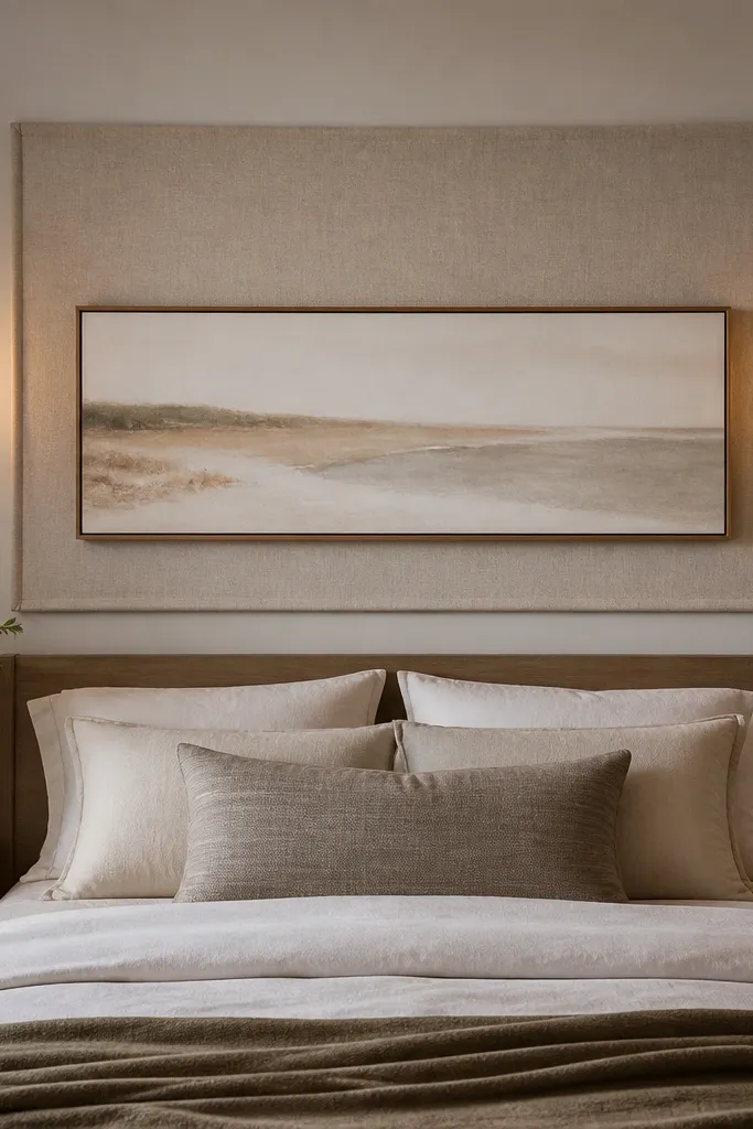 Above a bed, a long horizontal fabric panel in oatmeal hangs behind a long framed print. Two slim wall sconces flank the art, casting warm light.