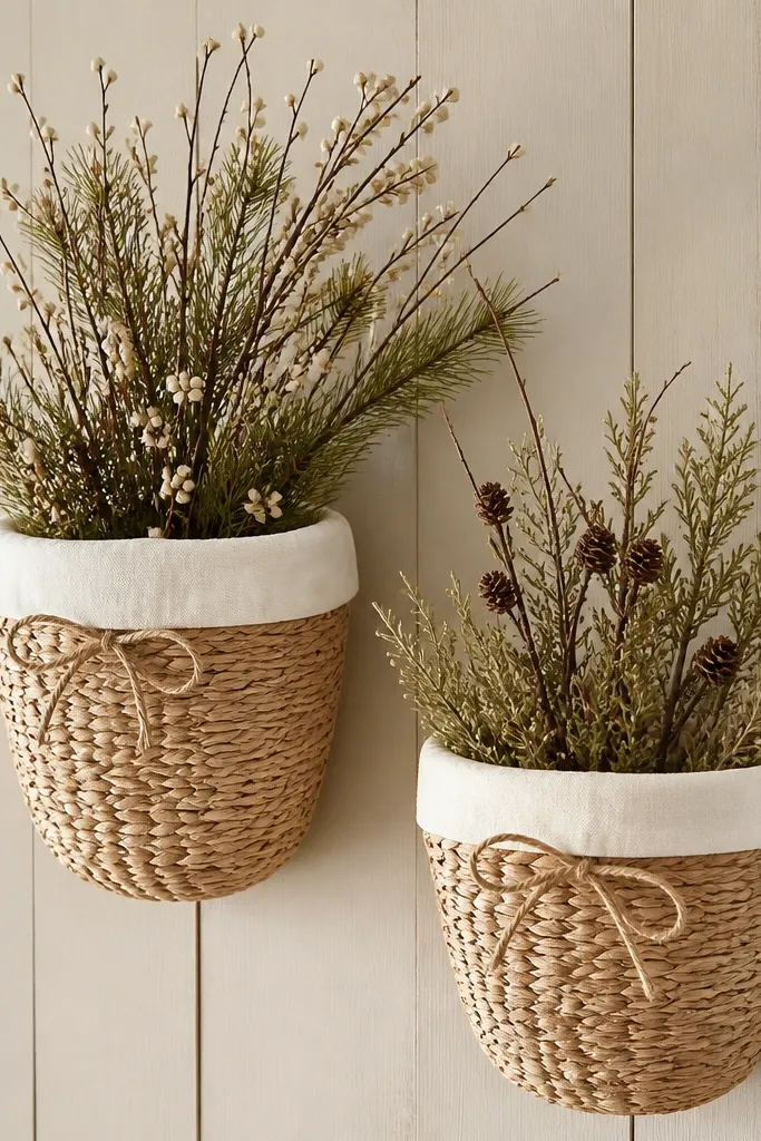 Two woven baskets mounted on wood panel walls. Each basket has a removable cream slipcover tied with twine. Inside are seasonal stems and small branches.