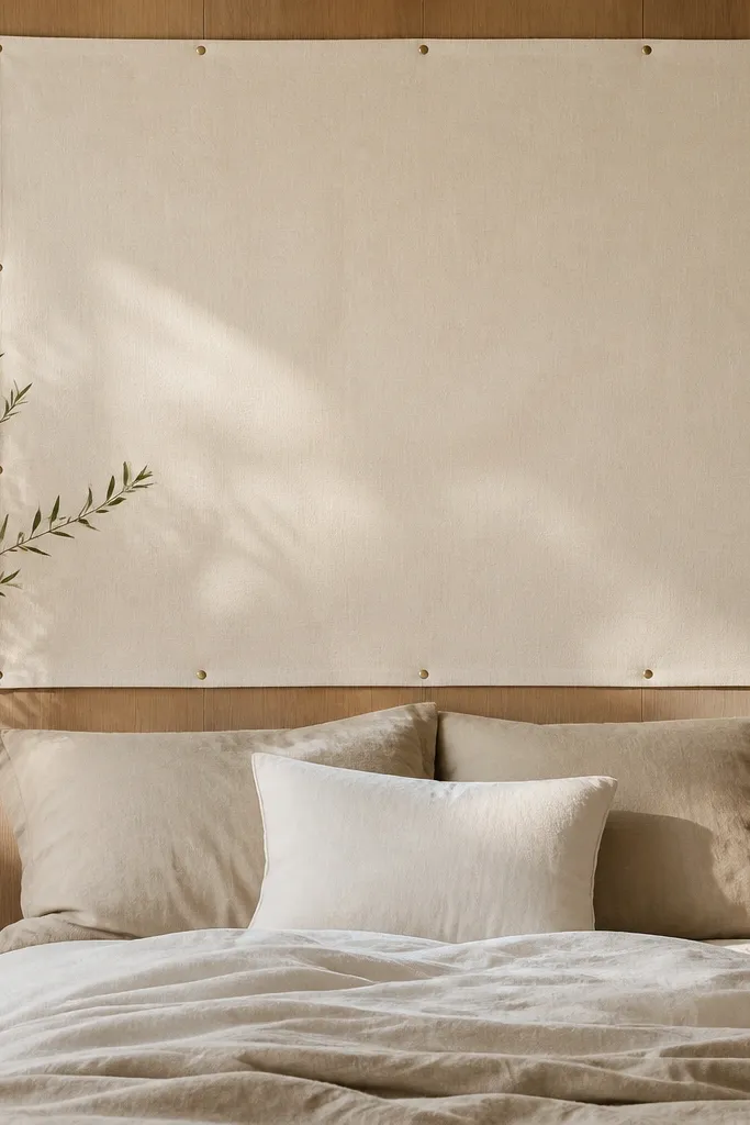 A large rectangle of cotton canvas in warm ivory pinned to the wood panel wall behind where a headboard would be. Several small brass tacks are visible around the edges.
