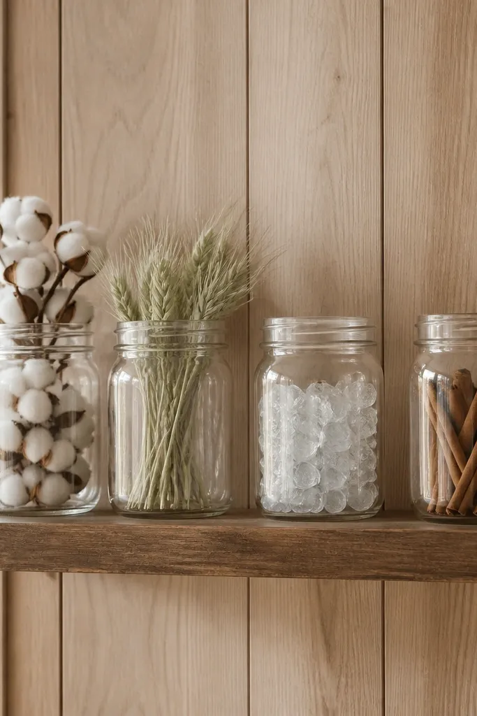 A floating shelf mounted on wood panel walls holding glass jars. Each jar has a different season item: winter has white cotton stems, spring has pale green grasses, summer has clear stones, fall has cinnamon sticks.