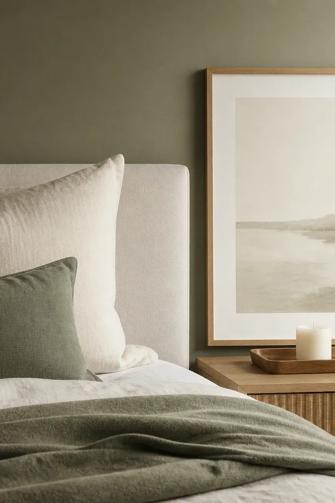 A bed wall with sage green throw and a pale off-white framed print. A small wooden tray with a white candle sits between them.