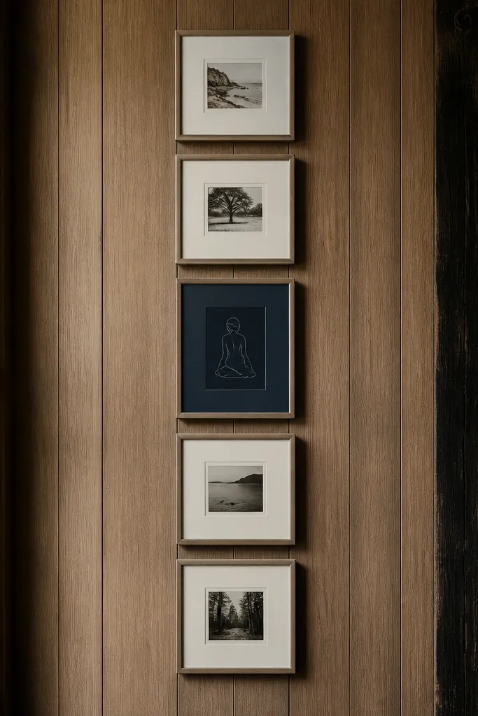A vertical strip of narrow frames on wood panel walls. Most frames have cream mats, and one frame has a deep navy mat with a simple line drawing.