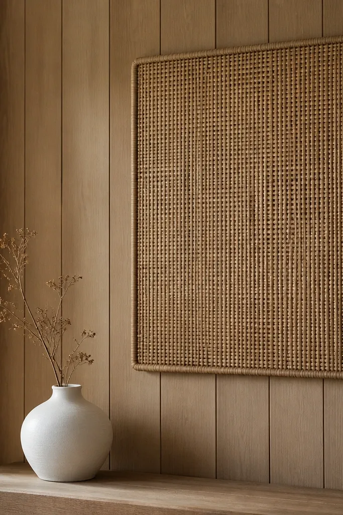 A large woven wall panel (rattan-style) mounted slightly off-center on the wood panel wall. Around it, the wood panels remain visible. A white ceramic vase sits beneath.