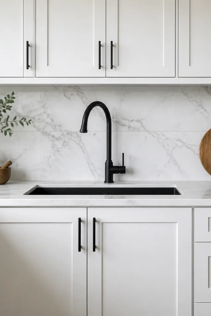 White cabinets with black hardware and a marble-look backsplash in a minimal kitchen