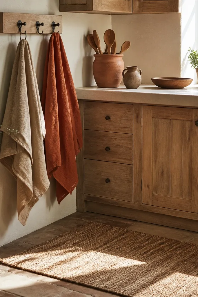 Terracotta and beige decor with linen towels and warm Mediterranean kitchen styling