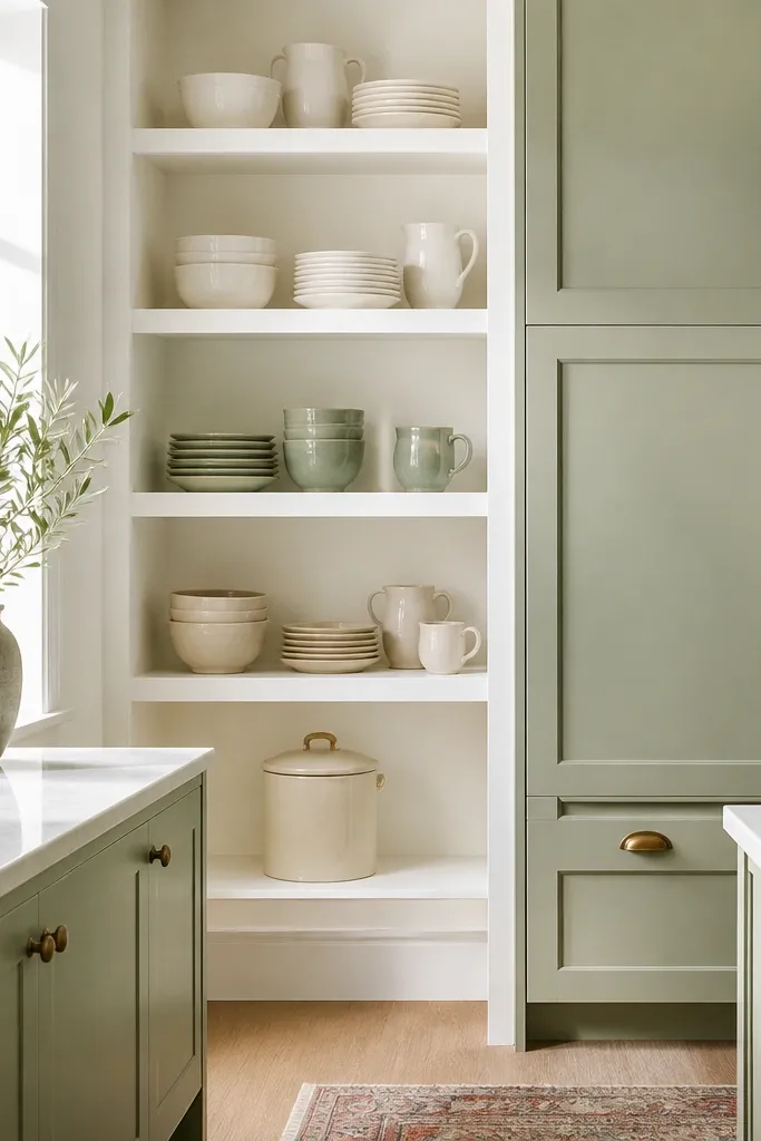 Sage green cabinetry with white open shelves holding neatly arranged dishes