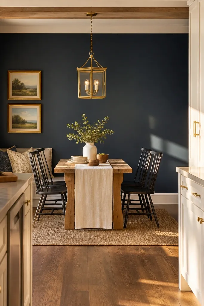 Navy accent wall with warm brass pendant light over a kitchen table