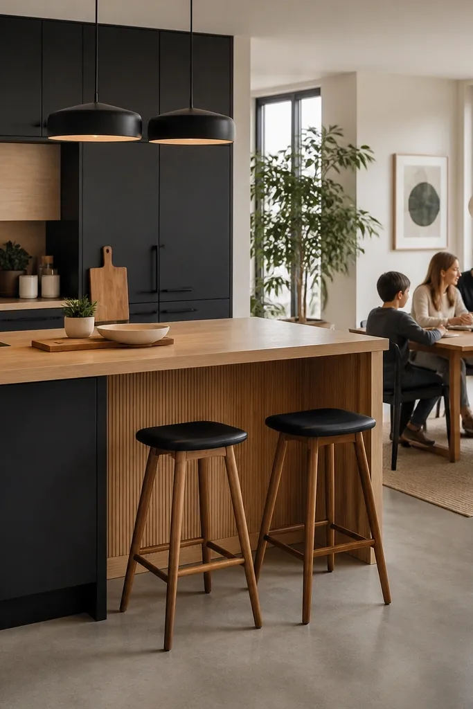 Charcoal kitchen base with warm wood island and matching dining seating
