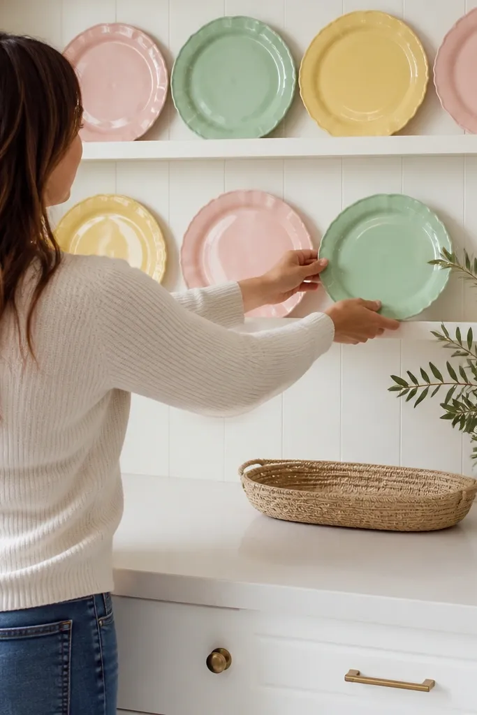 Neutral kitchen with pastel plates displayed on a counter and wall