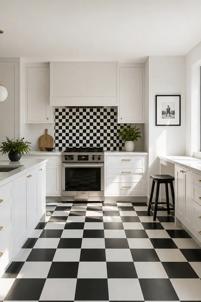 Black and white checker pattern tile floor with a simple kitchen backsplash