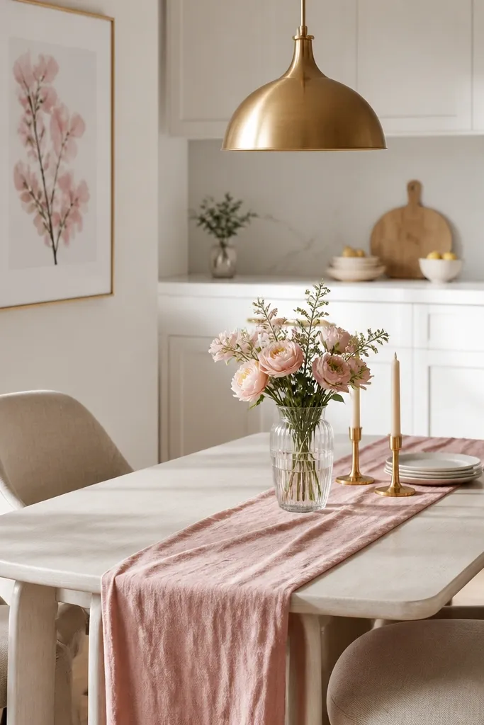 Small dining table with blush runner and gold decor in a kitchen nook