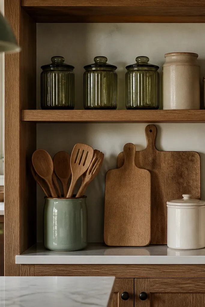 Olive and neutral kitchen shelves with matching jars and ceramic canisters