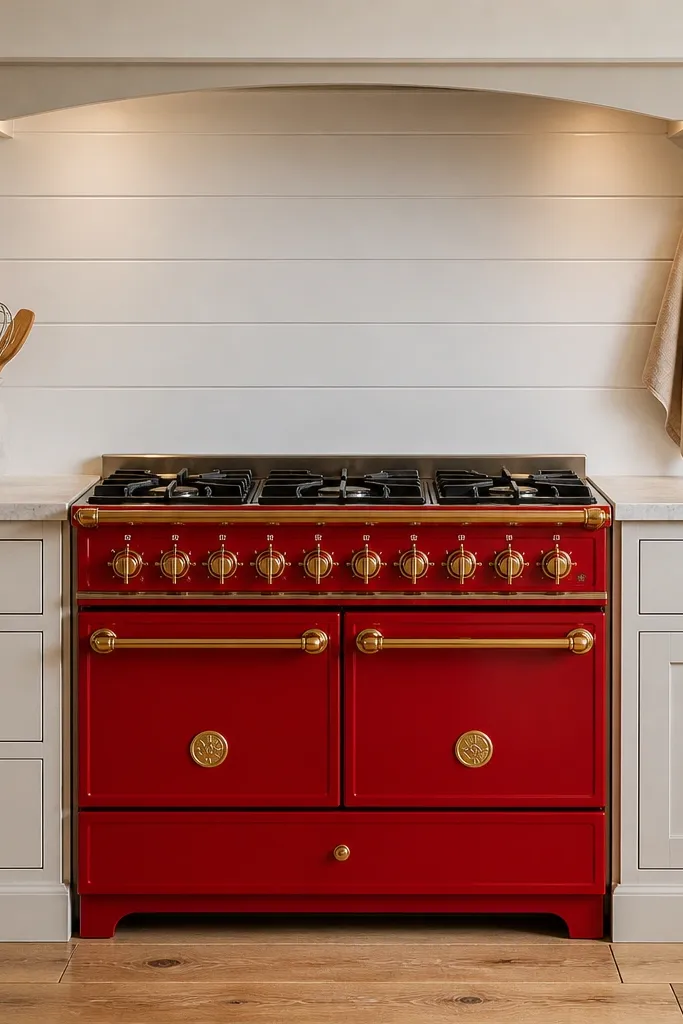 White shiplap wall behind a stove with a red accent and simple decor
