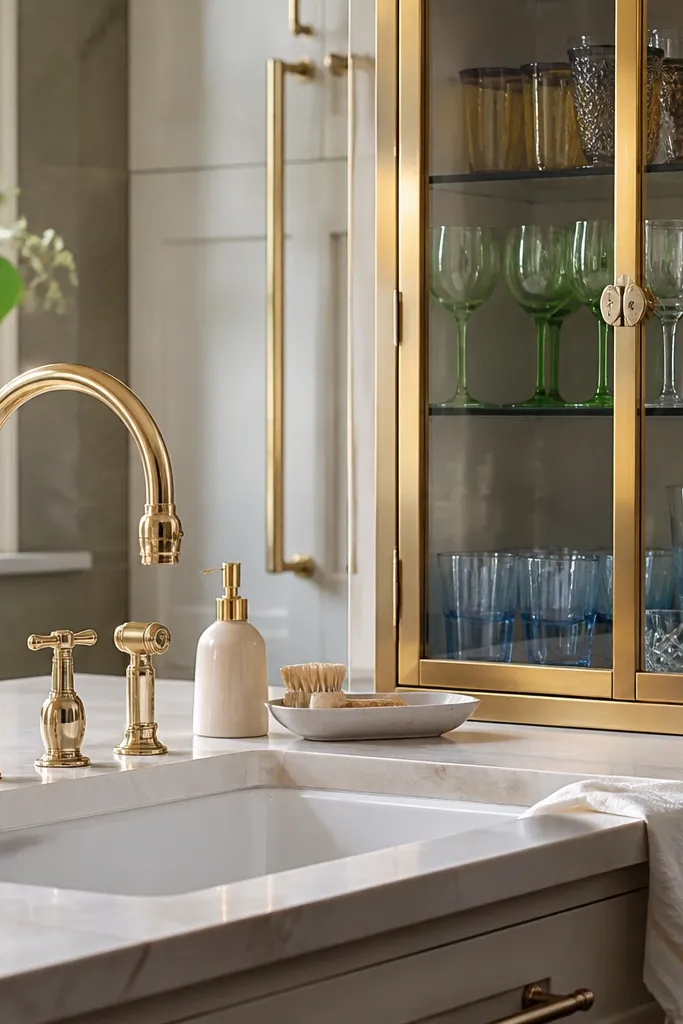 Kitchen with warm metallic sink faucet and glass-front cabinets with glassware