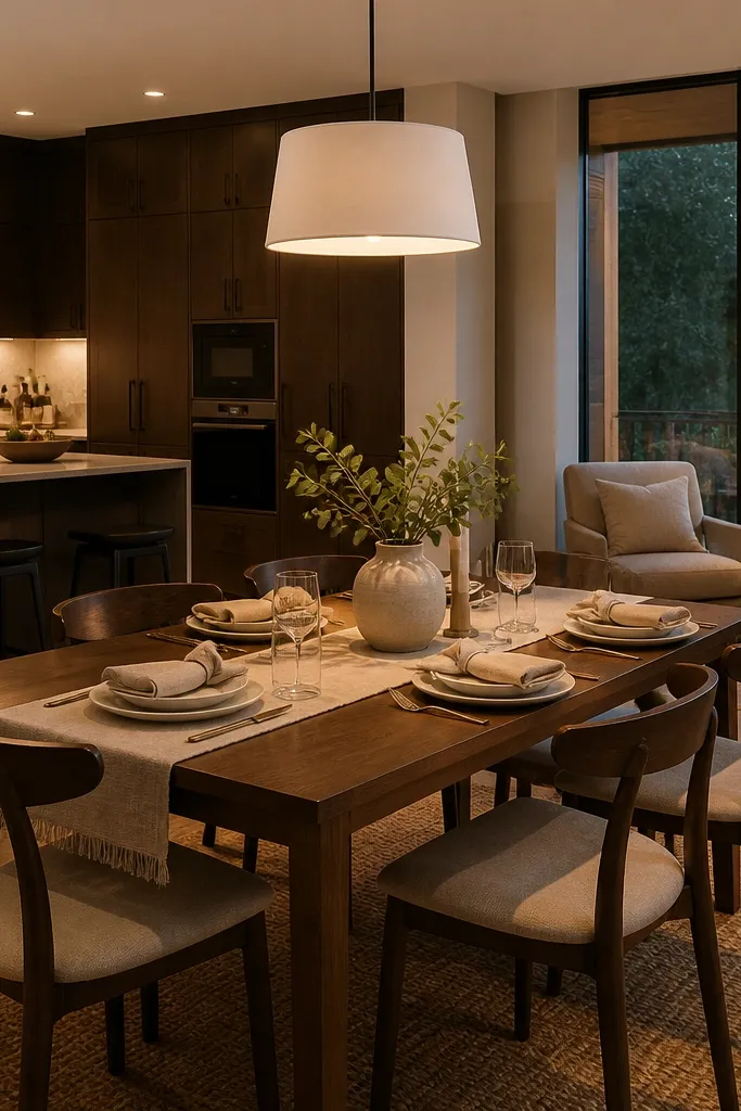 Chocolate brown cabinets with a cream pendant light over a dining setup