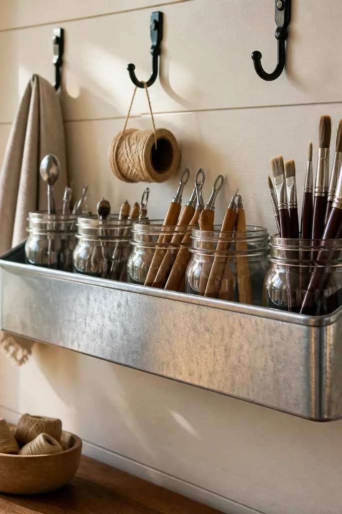 White wall with a galvanized tray holding tool jars and small black labels