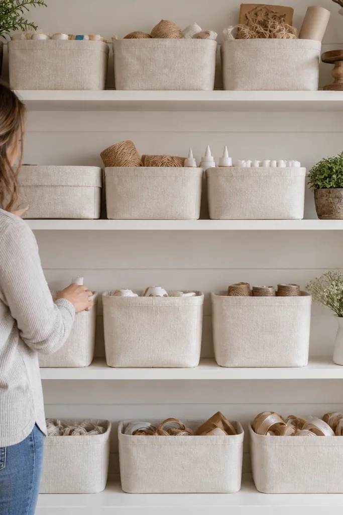 Open shelving with linen-covered baskets and a few ceramic pumpkins