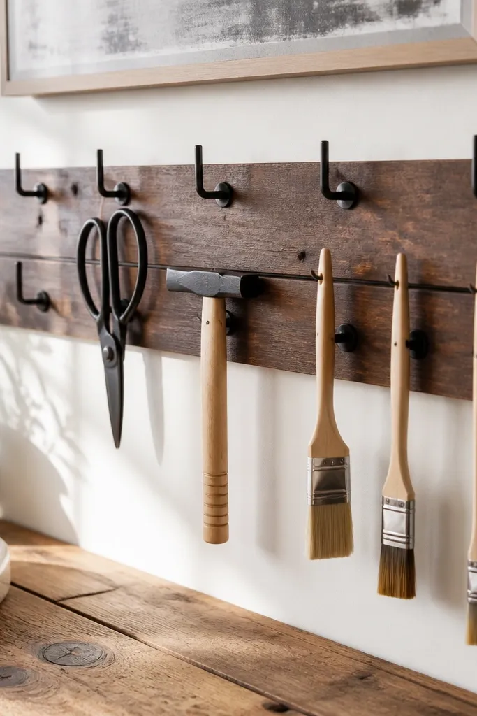 Dark peg rail with hooks holding scissors, a tape measure, and small buckets