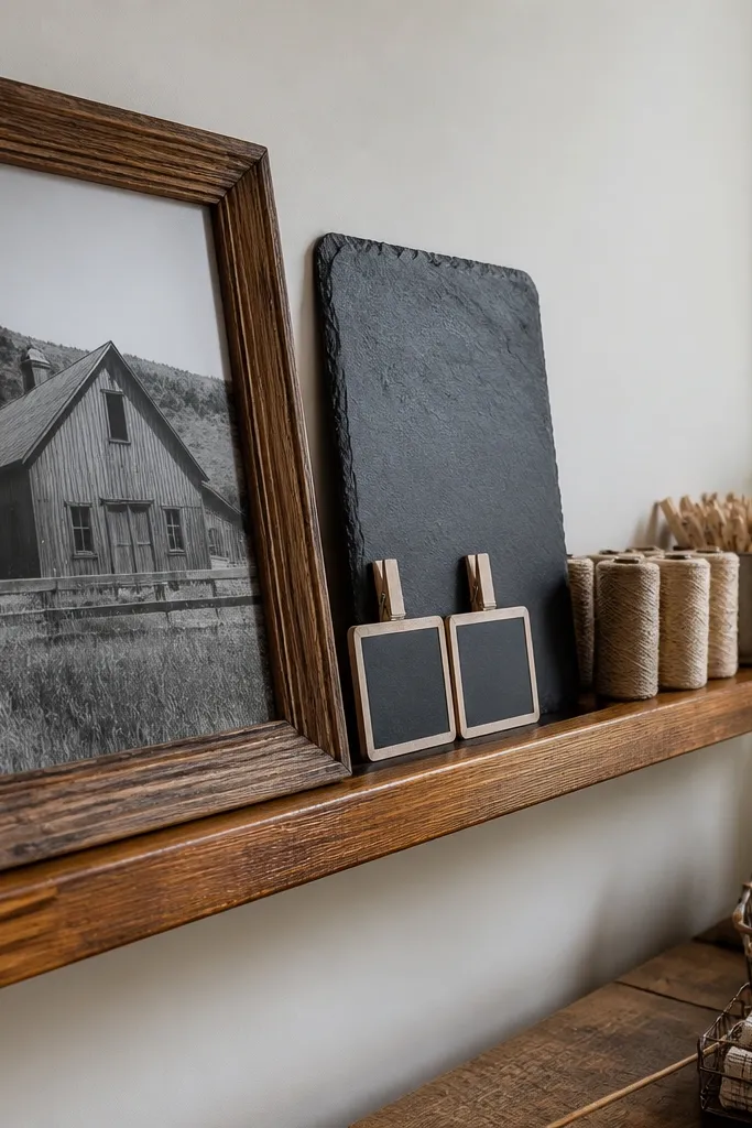 Picture ledge with a framed print, small chalkboard signs, and folded linen fabric