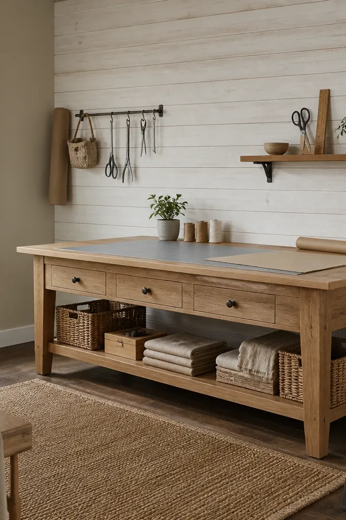 White shiplap-style panel wall behind a cutting table with a small wooden shelf